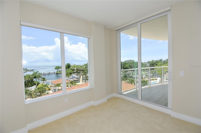 carpeted empty room with a wealth of natural light and a water view