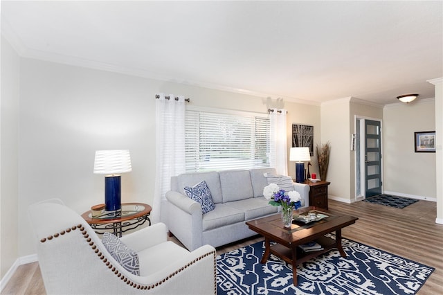 living room featuring hardwood / wood-style flooring and crown molding