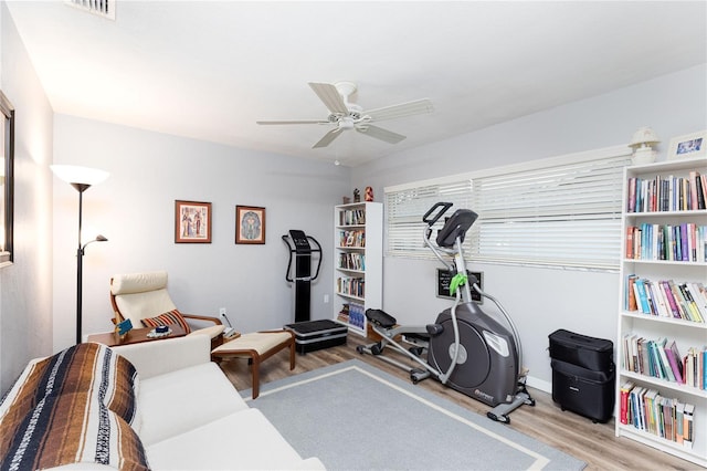 exercise area featuring ceiling fan and light wood-type flooring