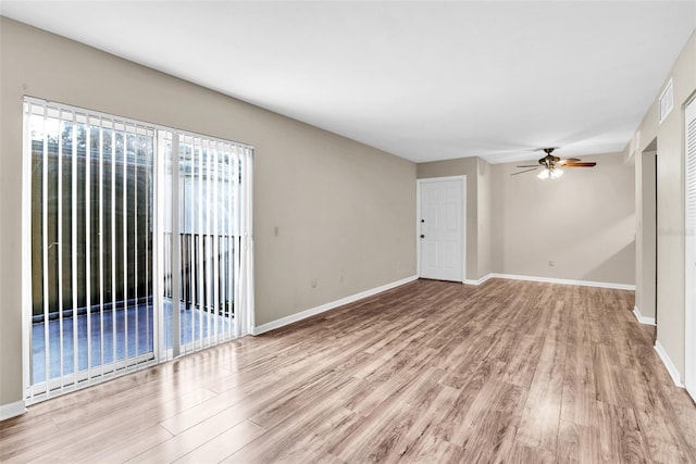 unfurnished living room featuring light hardwood / wood-style floors and ceiling fan