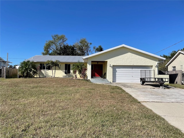 single story home with a front yard and a garage