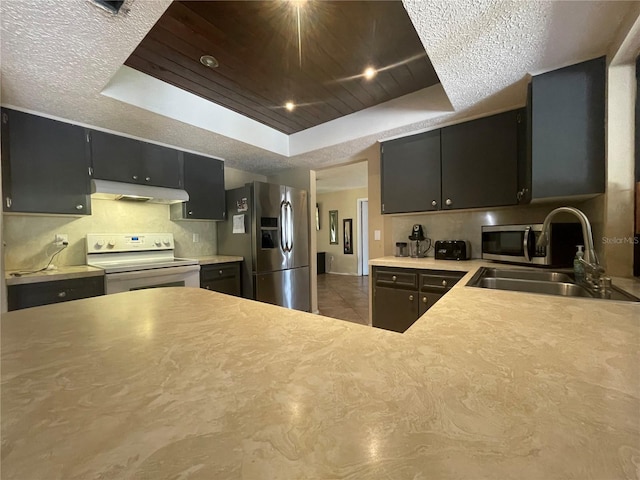 kitchen with a tray ceiling, sink, wooden ceiling, and appliances with stainless steel finishes