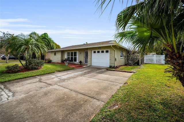 single story home featuring a garage and a front lawn