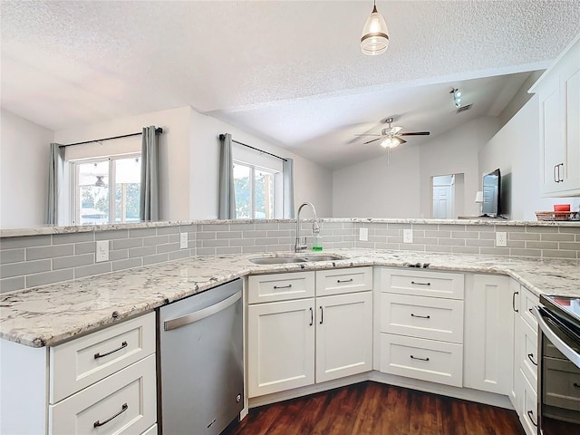 kitchen featuring white cabinetry, sink, dark wood-type flooring, stainless steel appliances, and backsplash