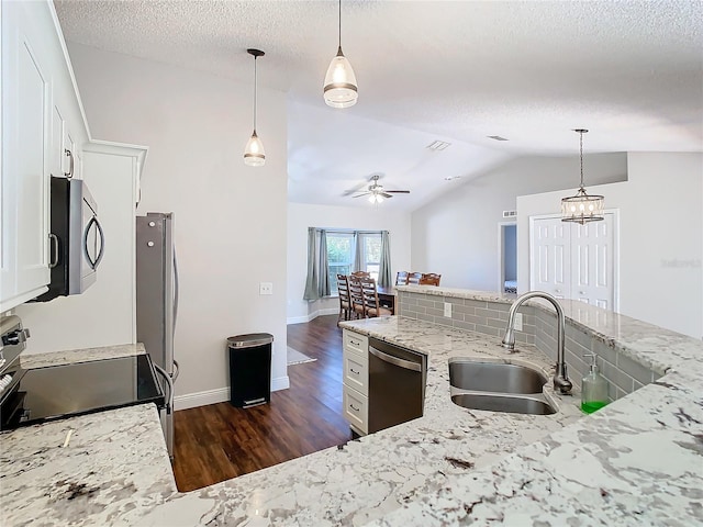 kitchen with sink, hanging light fixtures, stainless steel appliances, dark hardwood / wood-style floors, and vaulted ceiling