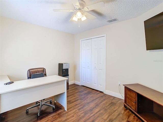 office area featuring a textured ceiling, ceiling fan, and dark hardwood / wood-style floors