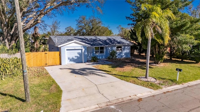 single story home featuring a front yard and a garage