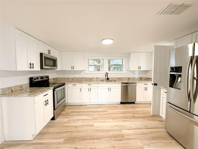 kitchen featuring light stone countertops, sink, white cabinetry, and stainless steel appliances