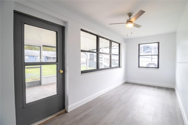 doorway to outside featuring ceiling fan, a wealth of natural light, and light hardwood / wood-style floors