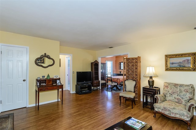 living room with dark hardwood / wood-style flooring