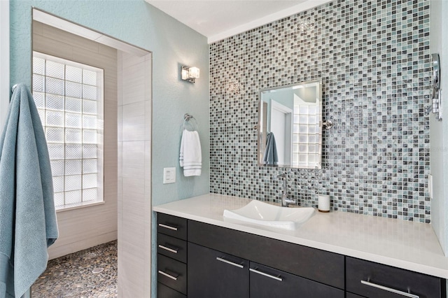 bathroom with tile walls and vanity