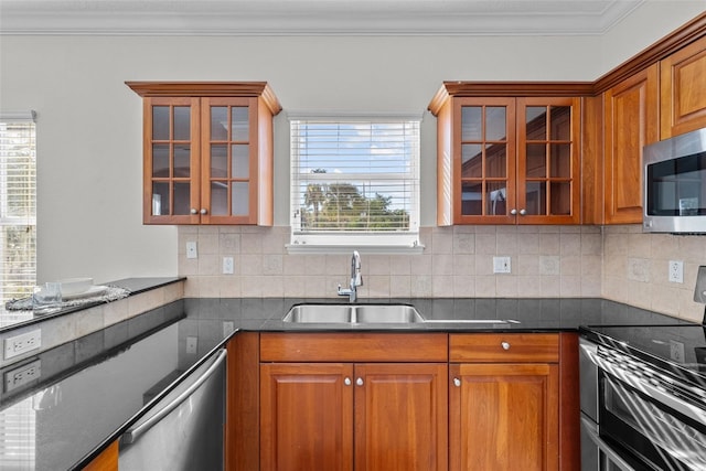 kitchen with crown molding, appliances with stainless steel finishes, sink, and backsplash