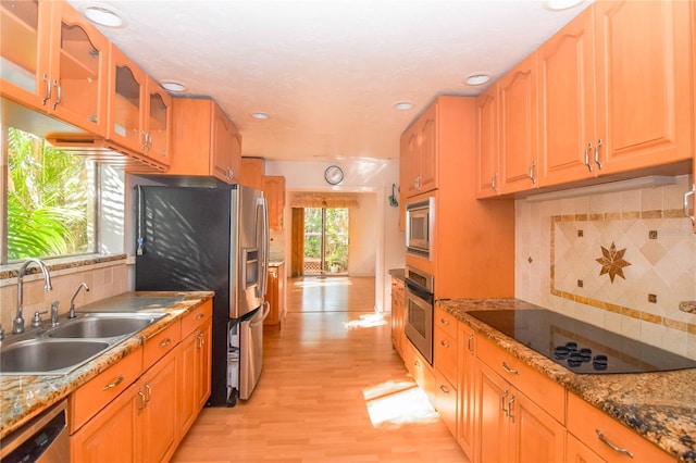 kitchen featuring decorative backsplash, appliances with stainless steel finishes, light wood-type flooring, and sink