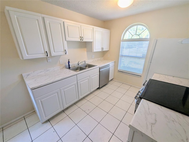 kitchen with white cabinets, a textured ceiling, stainless steel dishwasher, and sink