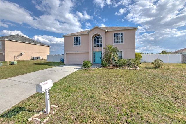 front facade featuring a garage, central AC unit, and a front lawn