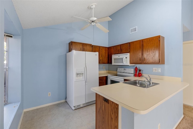 kitchen featuring white appliances, high vaulted ceiling, sink, ceiling fan, and kitchen peninsula