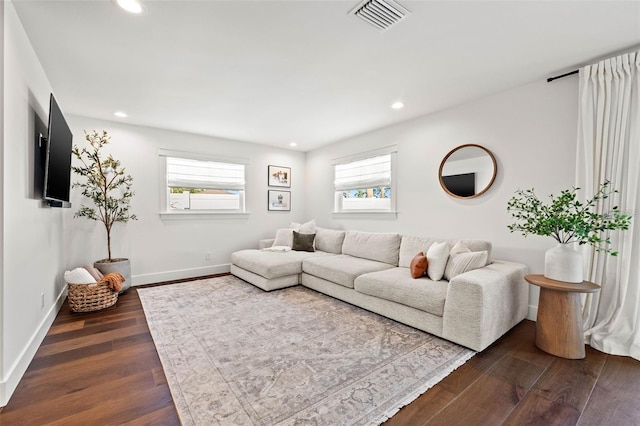 living room featuring dark hardwood / wood-style flooring and a healthy amount of sunlight