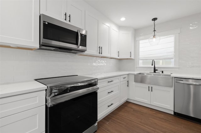 kitchen featuring white cabinets, stainless steel appliances, dark hardwood / wood-style floors, and sink