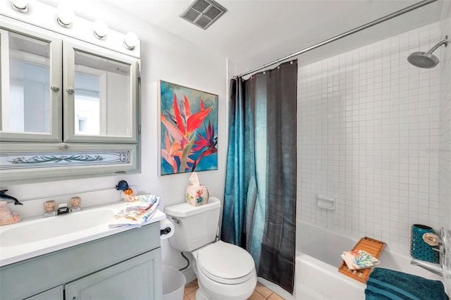 full bathroom featuring tile patterned flooring, vanity, toilet, and shower / bathtub combination with curtain