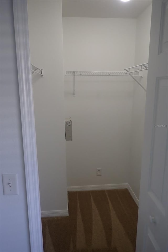 walk in closet featuring dark carpet