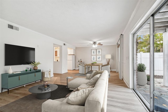 living room featuring ceiling fan, crown molding, and light hardwood / wood-style flooring