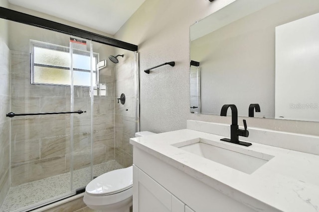 bathroom featuring vanity, toilet, and a shower with door