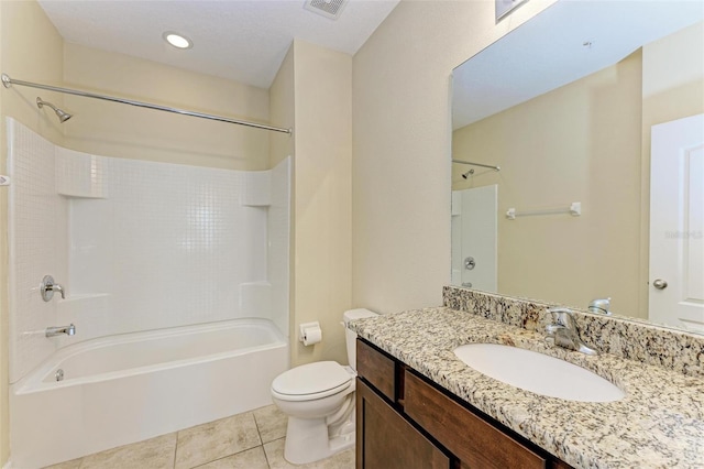 full bathroom with toilet, bathtub / shower combination, vanity, and tile patterned floors