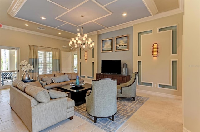 living room with ornamental molding, light tile patterned floors, and a chandelier