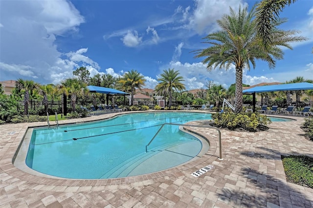 view of swimming pool with a patio area