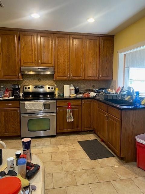 kitchen featuring stainless steel electric range and tasteful backsplash