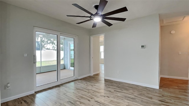 spare room with ceiling fan and light hardwood / wood-style flooring