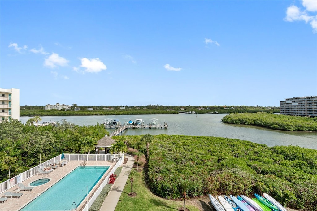 exterior space with a water view