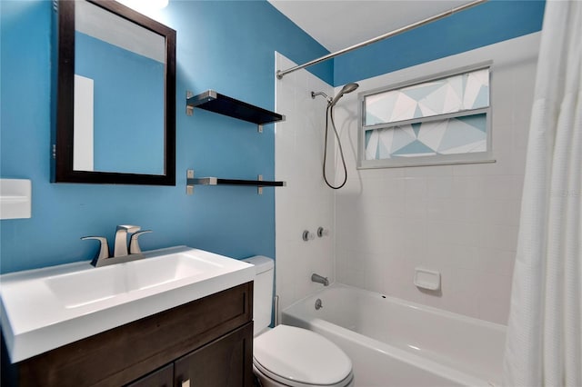 full bathroom with shower / bath combination with curtain, vanity, and toilet