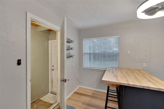 dining area with a textured ceiling, electric panel, and light hardwood / wood-style floors