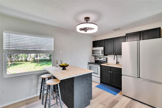 6524 14th St N, Saint Petersburg, FL 33702 - kitchen featuring stainless steel appliances, a sink, a breakfast bar, light wood-type flooring, and dark cabinetry