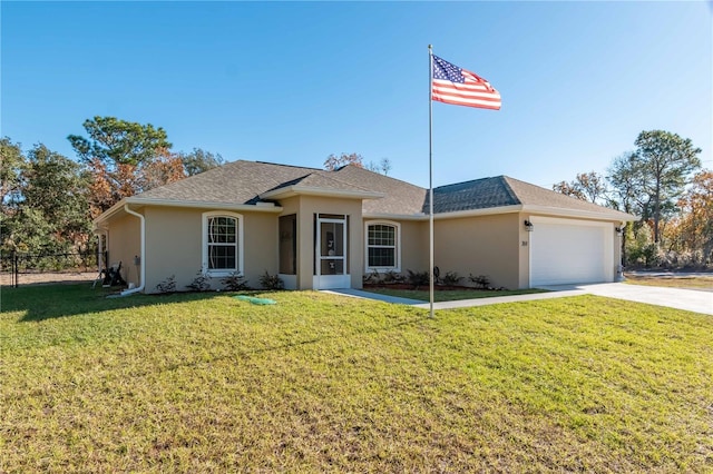 ranch-style house with a front lawn and a garage