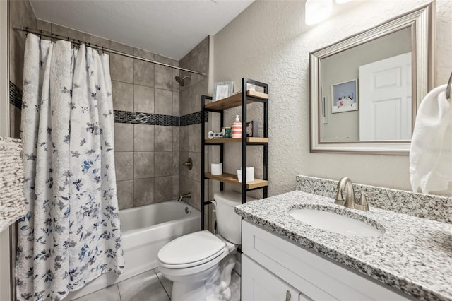 full bathroom featuring vanity, tile patterned flooring, toilet, and shower / bath combo with shower curtain