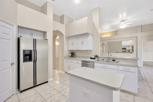 kitchen featuring white cabinetry, sink, ceiling fan, and stainless steel appliances