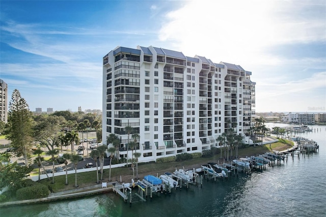 view of building exterior with a water view