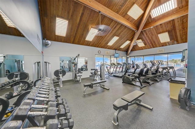 exercise room with ceiling fan, high vaulted ceiling, and wooden ceiling