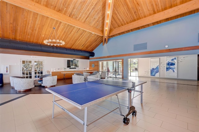 recreation room with beam ceiling, high vaulted ceiling, wood ceiling, and a notable chandelier