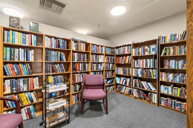 sitting room with carpet flooring and a textured ceiling