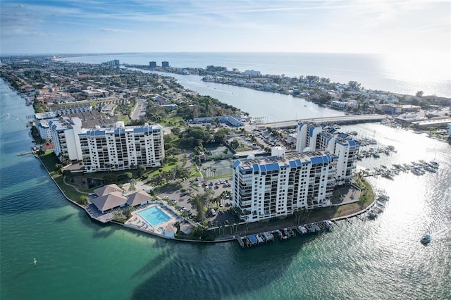 drone / aerial view featuring a water view