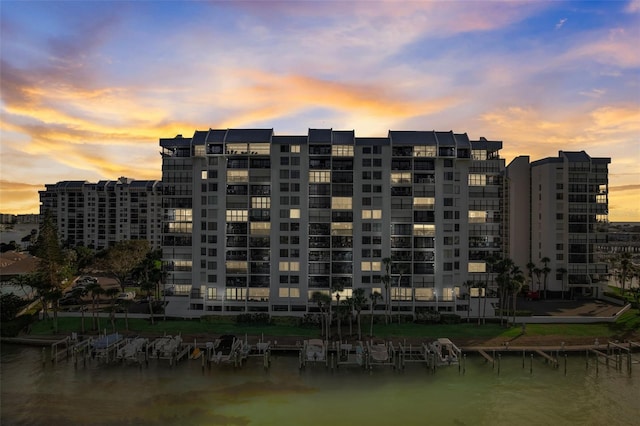 outdoor building at dusk with a water view