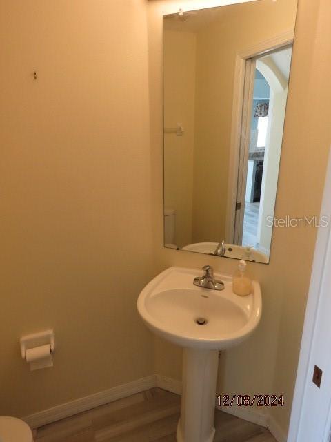 bathroom with hardwood / wood-style floors