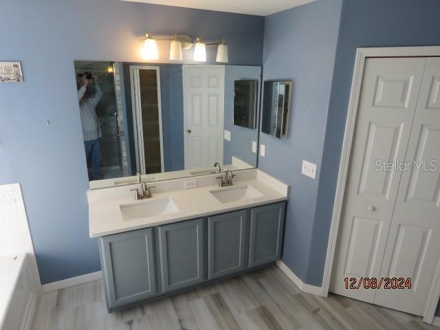 bathroom featuring hardwood / wood-style flooring, vanity, and a bathtub