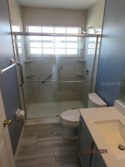 bathroom with vanity, an enclosed shower, and toilet