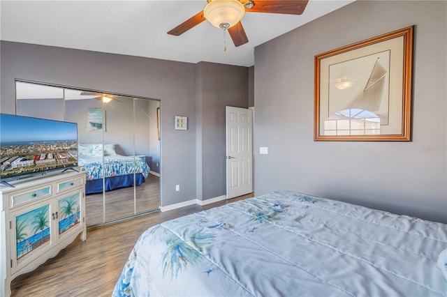 bedroom with hardwood / wood-style floors, a closet, and ceiling fan