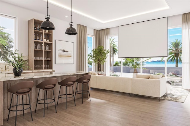 bar with pendant lighting, a wealth of natural light, and light hardwood / wood-style flooring