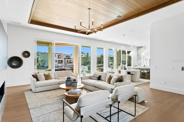 living room with a tray ceiling, wooden ceiling, a chandelier, and hardwood / wood-style flooring